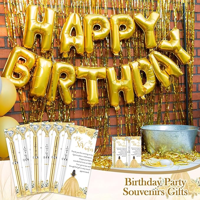 50 Set Quinceanera Party Favors for Guest Sweet 15 Diamond Pens Bulk Mis XV Años Fancy Ballpoint Pen with Thank You Cards and Ties 15th Birthday Thank You Gifts(White, Gold)