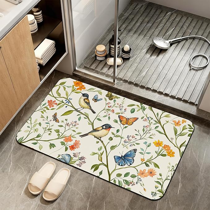 Diatomaceous Earth Bath Mat,Watercolor Birds Butterfly Bath Rugs,Non-Slip Thin Absorbent Fast Drying Easy to Clean for Bathroom Laundry Home Kitchen Door Mat 17x29.5Inch
