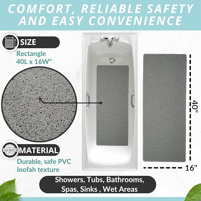 Non Slip Bathtub Mat Shower Mat for Tub - Loofah Bath Mats for Bathroom - 40x16 Bathtub Floor Mat - Textured Anti Slip Bath Mat Without Suction Cups - Secure Mat for Wet Areas (40x16 Gray)