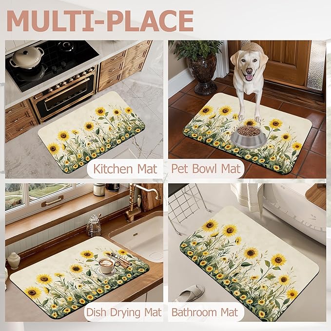 Yellow Floral Bath Mat,Sunflower Daisy Diatomaceous Earth Bath Mat,Rubber Backing Quick Dry Absorbent Washable Bathroom Rugs for Tub Non Slip 17"x29.5"