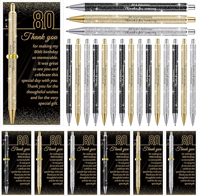 24 Set 80th Birthday Party Favor for Guests Anniversary Appreciation Gifts Birthday Glitter Ballpoint Pen and Thank You Cards for Women Men Years Party Favor Decoration Supplies