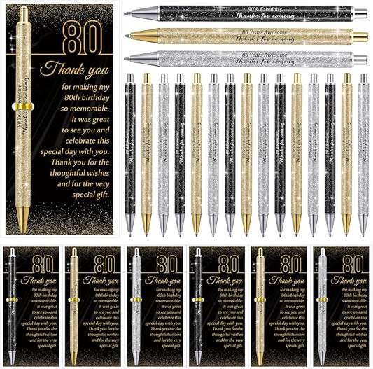 24 Set 80th Birthday Party Favor for Guests Anniversary Appreciation Gifts Birthday Glitter Ballpoint Pen and Thank You Cards for Women Men Years Party Favor Decoration Supplies