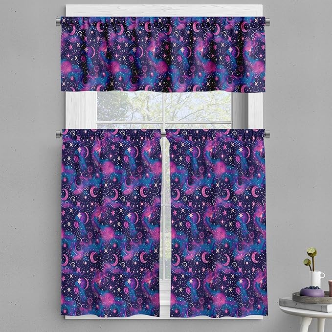 Ambesonne Mystical Valance & Tier Curtain 3 pcs Set, Trippy Magic Whimsical Starry Night with Moon Sun and Planets Print, Window Treatments for Kitchen Room Decor, 55" x 24", Dark Night Blue Fuchsia