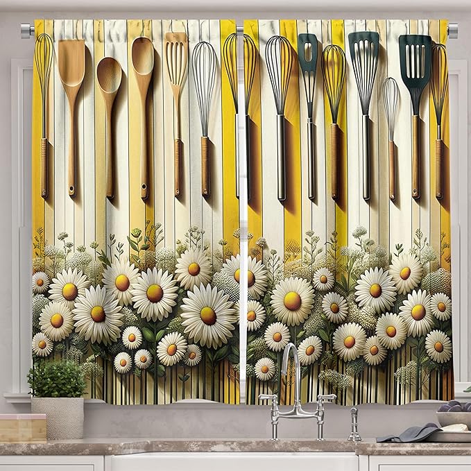 Ambesonne Farmhouse Long Kitchen Curtains, Summer Modern Cottagecore Daisy Floral with Spuds and Lines Print, 2 Panel Set Drapes with Rod Pocket Room Decor, 55" x 45", Yellow Reseda Green and Beige