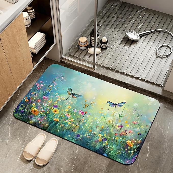 Non Slip Bath Mat,Dragonfly Bathroom Decor,Colorful Flowers Diatomaceous Bath Mat Quick Dry Absorbent Bathroom Rugs-Shower Rug for Kitchen Laundry Bathtub Shower 17"x29.5"