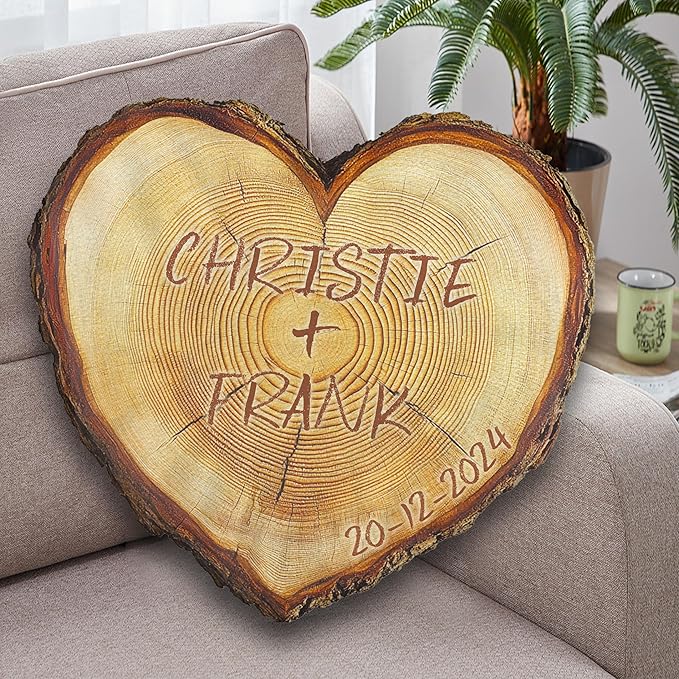 Carved Wood Slice Shaped Ugly Plush Pillow - Wooden Heart Shaped Pillows, Couple Initial Name Personalized Decorative Throw Pillow for Room Decor Sofa Chair, Gifts for Him and Her