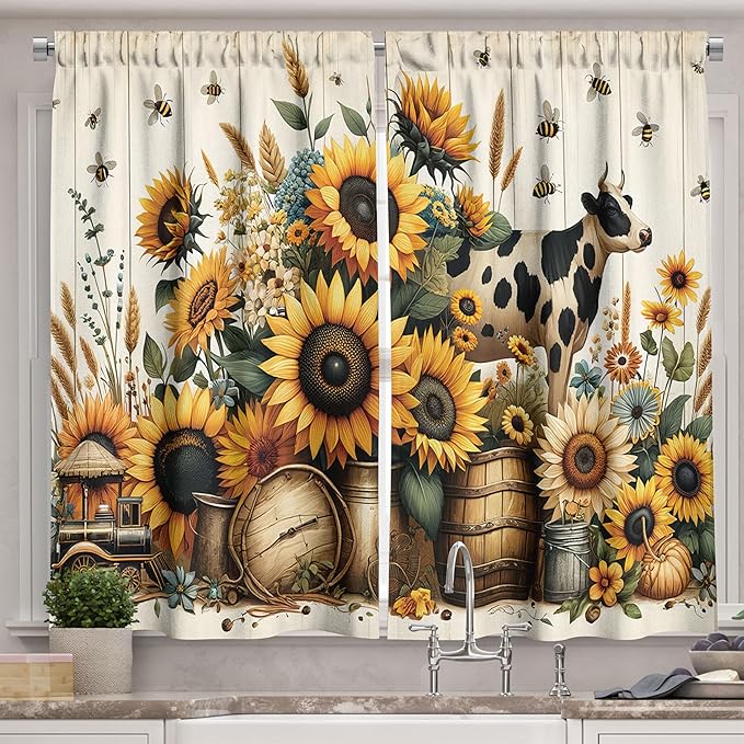 Ambesonne Farmhouse Long Kitchen Curtains, Rustic Themed Print of Cow and Sunflowers Blooming Cottagecore, 2 Panel Set Drapes with Rod Pocket Room Decor, 55" x 45", Mustard Eggshell Cocoa