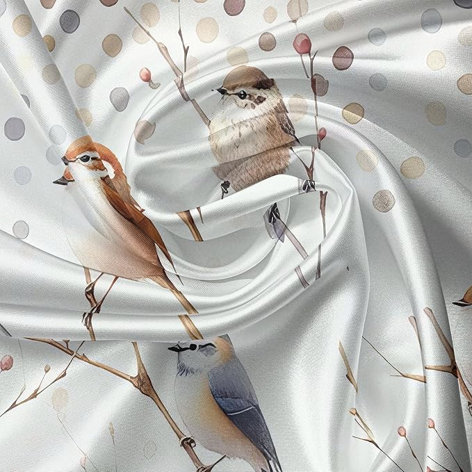 Ambesonne Bird Print Valance & Tier Curtain 3 pcs Set, Watercolor Style Polka Dots and Animals on Leafless Fall Branches, Window Treatments for Kitchen Room Decor, 55" x 36", Pastel Brown Purpleblue
