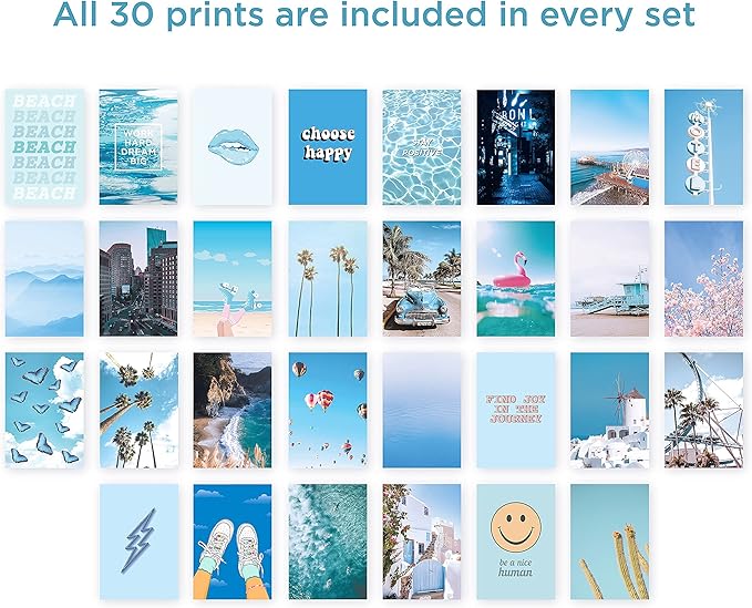 Haus and Hues Photo Collage Kit for Wall Aesthetic Decor Beach Aesthetic Posters for Wall Collage | Blue Room Decor (Blue Set of 30)