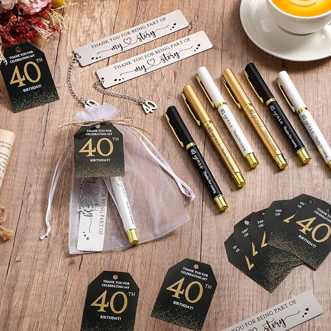 25 Sets Birthday Favors for Guests 25 Thanks for Coming Ballpoint Pens 25 Bookmarks 25 Cards with Organza Bag for Adult Birthday Anniversary Party Souvenir(Metal-40th)