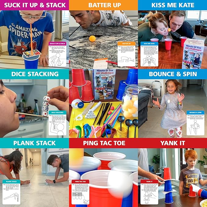 Funwares Original 237 Minute of Fun Games - Minute to Win It Family Party & Travel for Kids & Adults, 2-12 Players! Ready to Play Right Out of The Box!