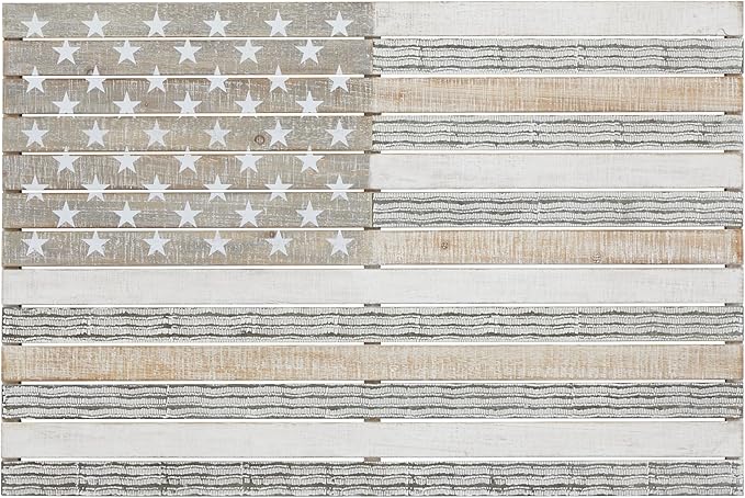Deco 79 Wood American Flag Home Wall Decor Wall Sculpture, Wall Art 38" x 2" x 26", White