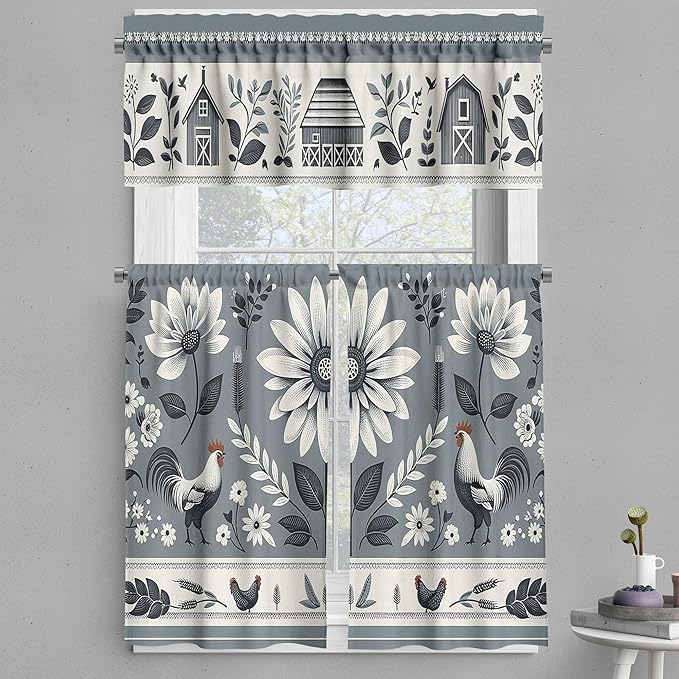 Ambesonne Farmhouse Valance & Tier Curtain 3 pcs Set, Classic Folk Style Barn Flowers Leaves and Roosters in Muted Colors, Window Treatments for Kitchen Room Decor, 55" x 30", Blue Grey and Off White
