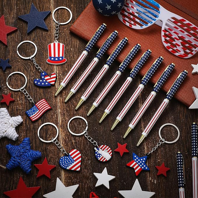 48 Pcs Independence Day Metal Ballpoint Pens American Flag Keychain Set Gold Retractable Patriotic Pens USA Flag Key Chains Office Patriotic 4th of July Party Favors for Veterans Day