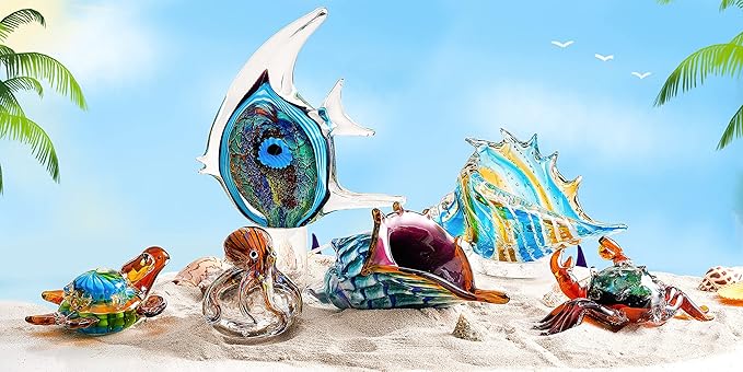 EUSTUMA Hand Blown Glass Sea Turtle Figurines Ornament,Sea Animal Ornament for Home Decor,Sea Animals Collection for Birthday Gift,Glass Tortoise Sculpture