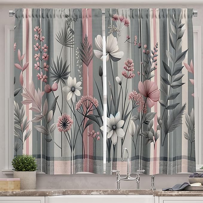 Ambesonne Flowers Kitchen Curtains, Modern Muted Tones Dreamy Floral with Romantic Art Feels on Plaid Stripes, Window Drapes 2 Panel Set for Kitchen Cafe Decor, 55" x 30", Pink and Grey