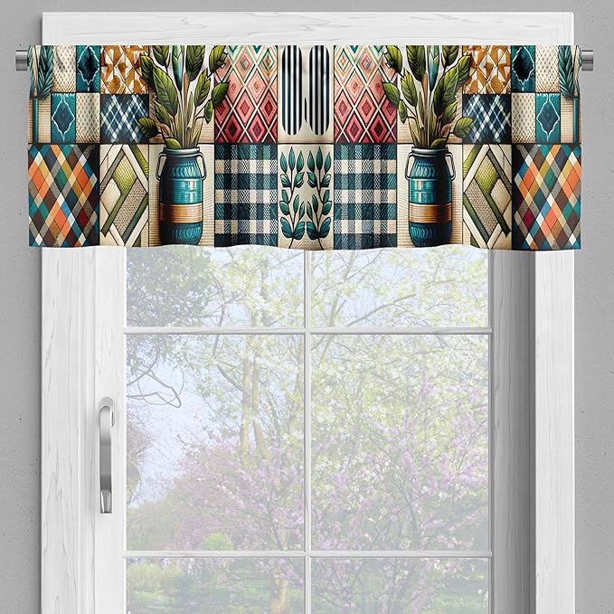 Ambesonne Bohemian Window Valance Pack of 2, Checkered Design Leafy Jar Illustration with Groovy Plaid Boho Modern, Rod Pocket Curtain Valances Kitchen Bedroom, 42" X 18",Teal Pink and Green