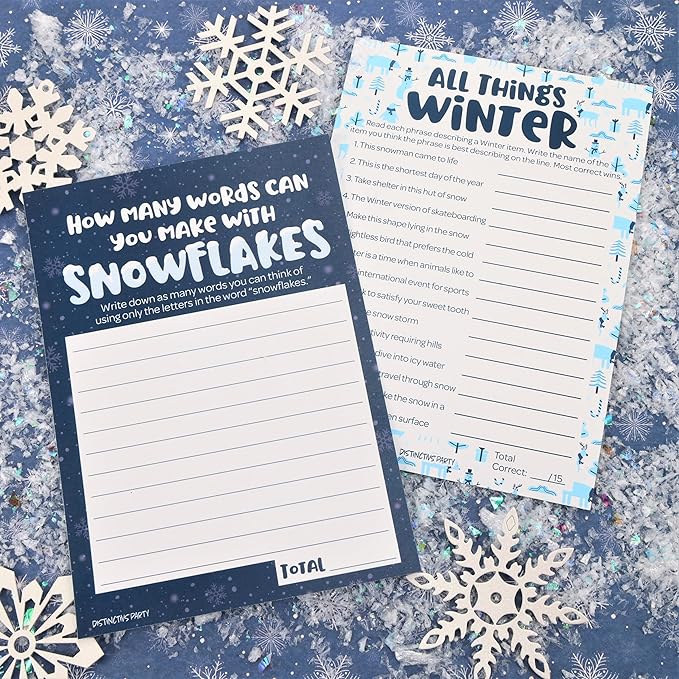 DISTINCTIVS Winter Holiday Party Bundle All Things Winter Trivia Guessing Game & Snowflakes Anagram Word Game - 25 Dual Sided Cards for Players
