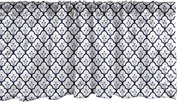 Ambesonne Dutch Window Valance, Blue Toned Traditional Delftware Pattern Abstract Ornamental Floral Scales, Curtain Valance for Kitchen Bedroom Decor with Rod Pocket, 54" X 12", Indigo and White