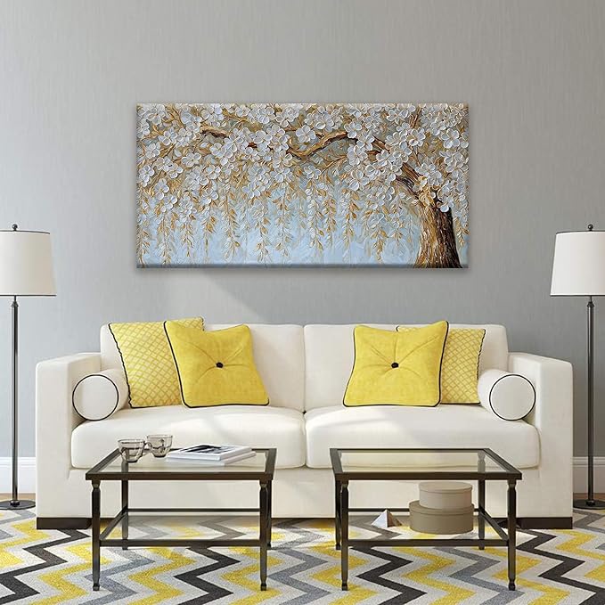 Suconvng Wall Art Living Room Flower White Tree Wall Art Modern Canvas Art Wall Decor Home Wall Decor Suitable Picture For Bedroom Apartment Office Can Be Hung 24" X 48"
