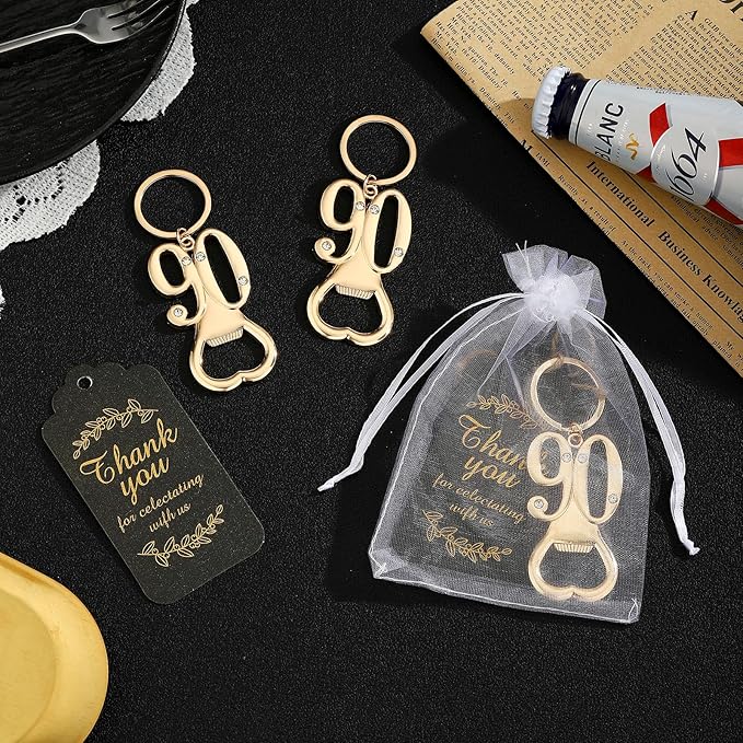 24 pcs 90th Gold Keychain Bottle Opener Birthday Party Favors for Guests,90th Beer Bottle Opener Favors Bulk for Birthday Anniversary Souvenirs Party Decor Supplies (Gold 90th)
