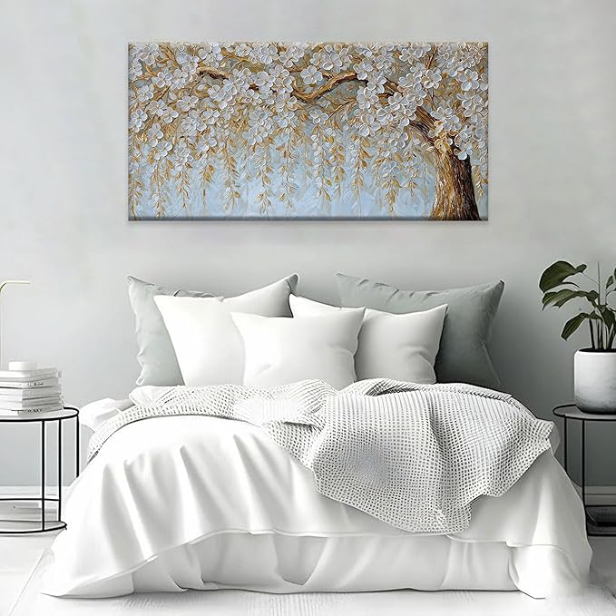 Suconvng Wall Art Living Room Flower White Tree Wall Art Modern Canvas Art Wall Decor Home Wall Decor Suitable Picture For Bedroom Apartment Office Can Be Hung 24" X 48"
