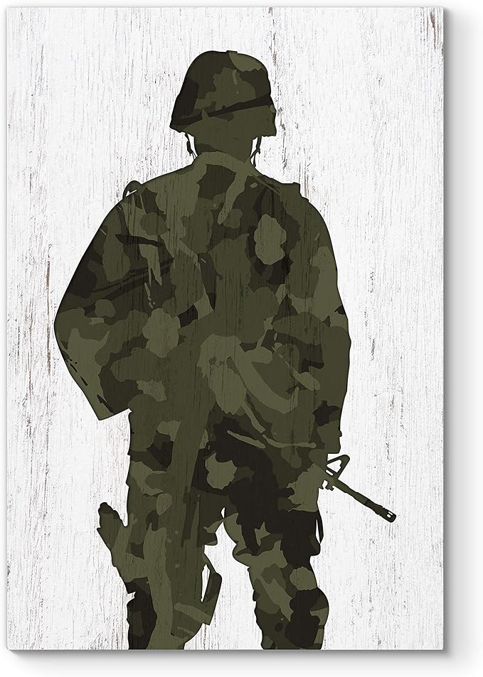 Renditions Gallery Canvas Figurative Wall Art Modern Paintings Decorations Military Soldier Silhouette Abstract Green Black American Patriotic Artwork for Bedroom Office Kitchen - 30"x40" LT25