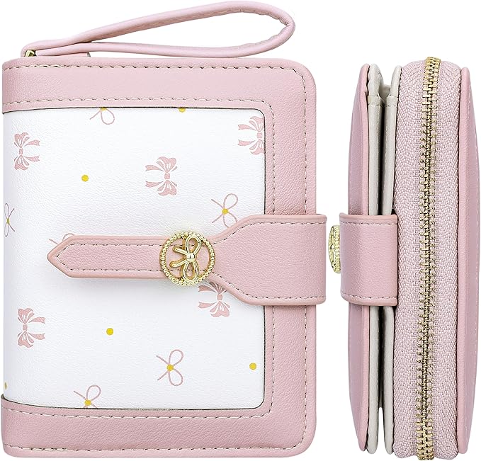 Cute Pink Small Bow Wallet for Women Bifold Womens Wallets Minimalist Ladies Purse with Bow Design Mini Kawaii Coin Purse with ID Window