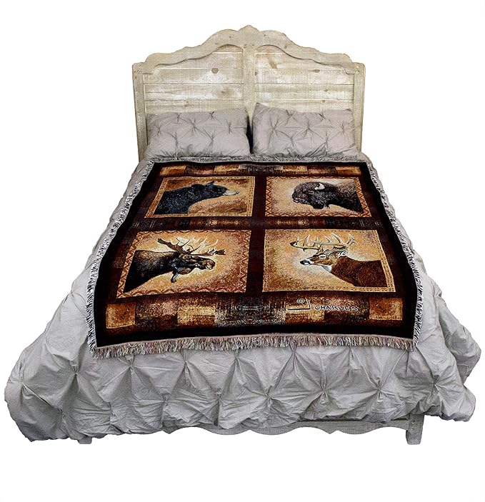 Pure Country Weavers Big Game Heads Blanket by Greg Giordano - Bear Bison Elk Deer Wildlife Lodge Cabin Gift Tapestry Throw Woven from Cotton - Made in The USA (72x54)