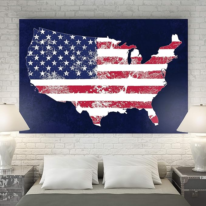 Renditions Gallery Nature Wall Art Paintings Window View Prints Vintage Faded American Flag Glam Patriotic Modern Blue American Map Decorations for Bedroom Office Kitchen - 24"x32" LT25