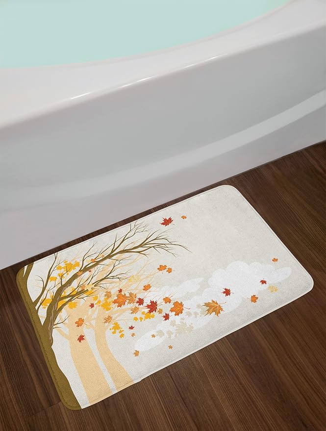 Lunarable Fall Bath Mat, Pastel Colored Autumn Trees in The Park Shedding Leaves Graphic Design Print, Plush Bathroom Decor Mat with Non Slip Backing, 30.2" x 20", Beige Brown
