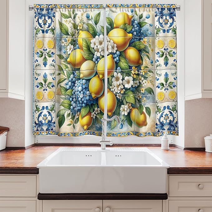 Ambesonne Lemon Garden Kitchen Curtains, Mediterranean Curlicue Leaves Detailed Citrus Huddle with Floral, Window Drapes 2 Panel Set for Kitchen Cafe Decor, 55" x 24", Blue Yellow and Green