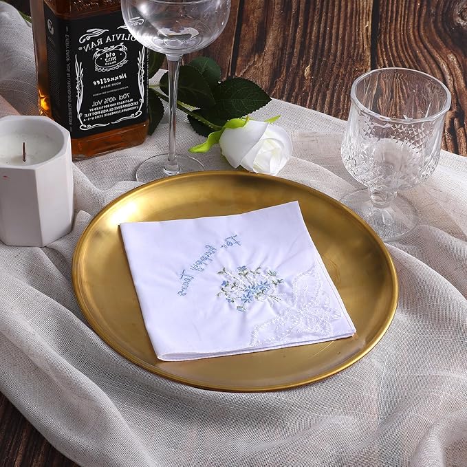 For Happy Tears Handkerchief, 6 Pcs Embroidered Wedding Handkerchief Cotton Hankies for Bride, Groom, Bridesmaid, Mother of the Bride, White & Blue, 12" x 12"