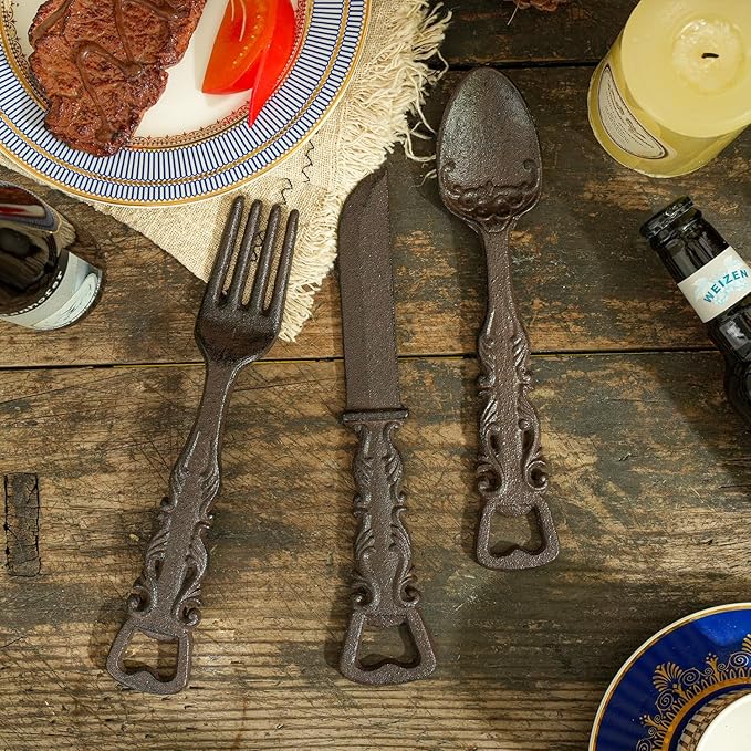 Sungmor Cast Iron Utensil Wall Décor Set with Bottle Opener - Vintage Fork, Spoon & Knife Wall Sculpture - Set of 3 Rustic Hanging Accents for Kitchen, Dining Room or Bar