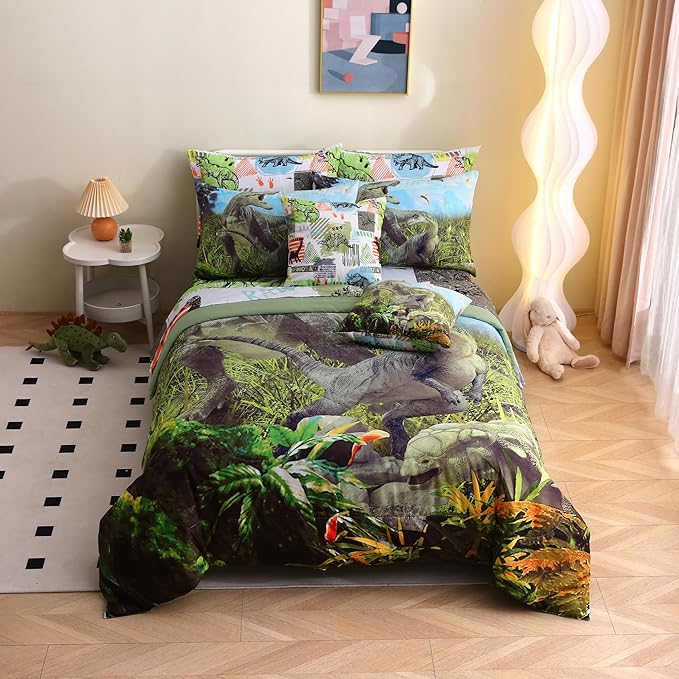 Queen Size Dinosaur Bedding Set for Kids - 9Pcs 3D Comforter Bed in A Bag for Teens Bedroom - 1 Comforter, 4 Pillowcases, 1 Flat Sheet, 1 Fitted Sheet, 2 Throw Pillow Cases
