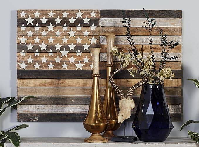 Deco 79 Wood American Flag Handmade Home Wall Decor Washed Wall Sculpture with Slatted Panels and Cream Stars, Wall Art 44" x 2" x 30", Brown