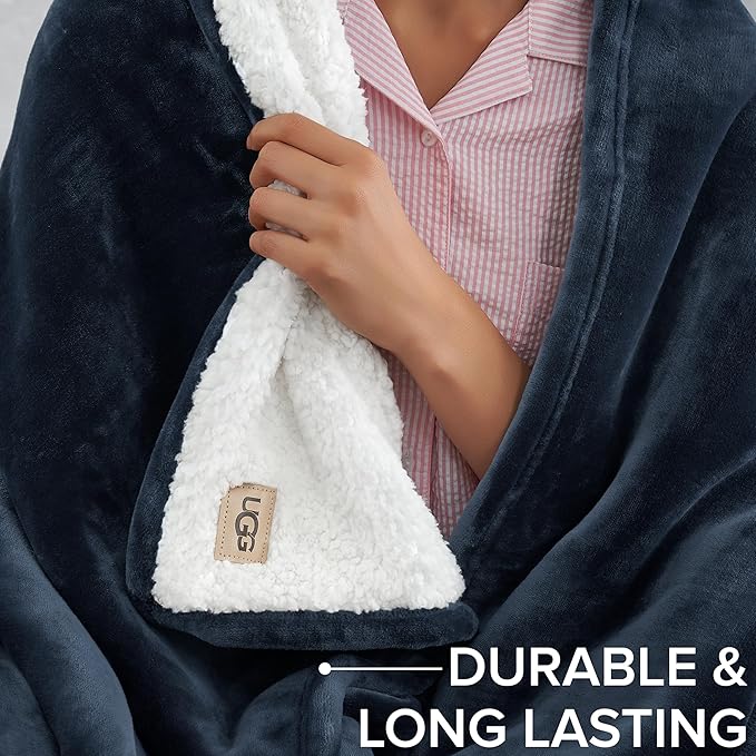 UGG Nita Full/Queen Blanket Fleece Fluffy Reversible Soft Fuzzy Bedding Cozy Plush Warm Oversized Blanket Machine Washable Bedroom Decor for Big Couch or Bed, 90-inch x 90-inch, Navy Blue
