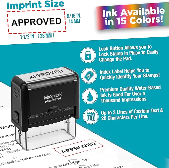 MaxMark Customized Self Inking Stamp - Up to 4 Lines of Text - Medium Size - Choose from 15 Ink Colors
