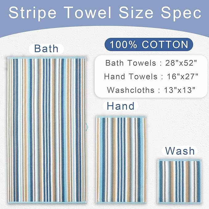 Striped Towels Set, 6PC Bathroom Towels - 100% Cotton | Quick Dry | Soft | Absorbent, 2 Bath 28"x52", 2 Hand 16"x27", 2 Face 13"x13", Luxury Bath Towels with Hanging loops, Blue+Gray+Beige Stripe