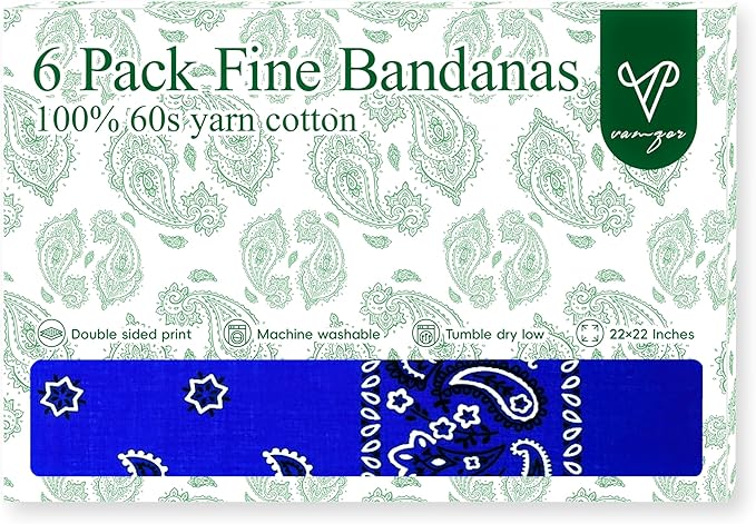 Vamqor Bandanas Gift Box 6 pack,Premium Super Soft 60s Cotton Paisley Bandannas Handkerchiefs for Men,Women and Kids