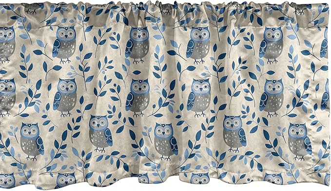 Ambesonne Owl Window Valance Pack of 2, Simple Design Classic Oriental Night Birds Pattern Leafy Ornaments Print, Rod Pocket Curtain Valances for Kitchen Bedroom, 54" X 18", Dark Night Blue and Beige