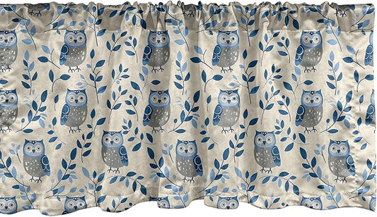 Ambesonne Owl Window Valance Pack of 2, Simple Design Classic Oriental Night Birds Pattern Leafy Ornaments Print, Rod Pocket Curtain Valances for Kitchen Bedroom, 54" X 18", Dark Night Blue and Beige
