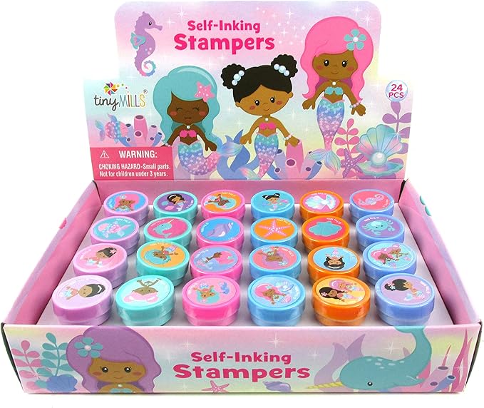 TINYMILLS 24 Pcs Rainbow Mermaid Stampers for Kids Birthday Party Goody Bag Filler Pinata Filler Mermaid Party Supplies Classroom Rewards Carnival Giveaways