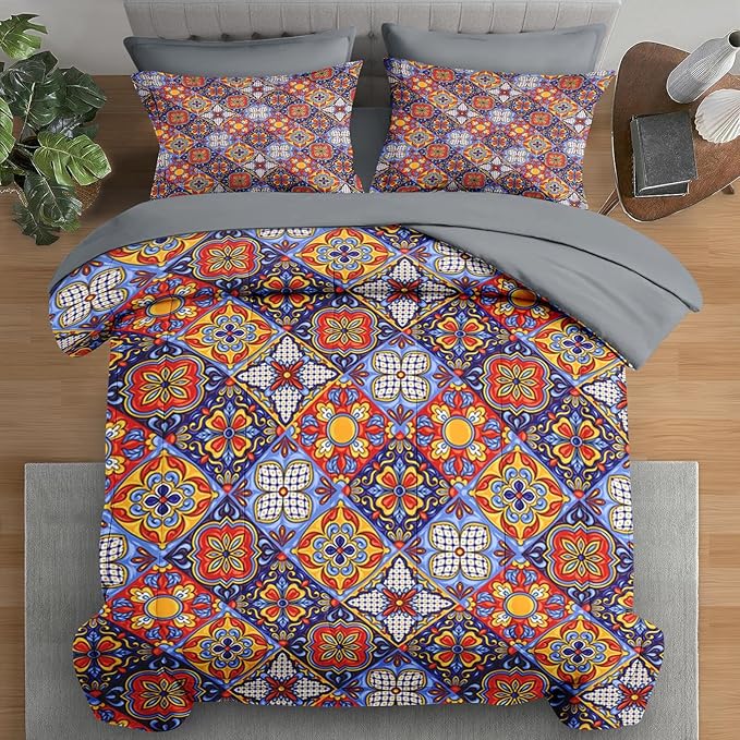 Comforter Set Full Size, Mexican Talavera Ceramic 7 Pcs Bedding for Kids and Adults, Italian Spanish Bed Sheet Sets with Fitted Sheet 2 Pillowcases & 2 Shams for Bedroom Bed Decor