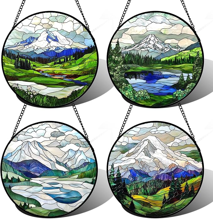 Stained Glass Window Hanging 4 Pcs Set Mountains Lake Green White Landscape 9.8" - Suncatcher Door Garden Sun Catcher Decor Birthday Christmas for Mom Woman Nana Men