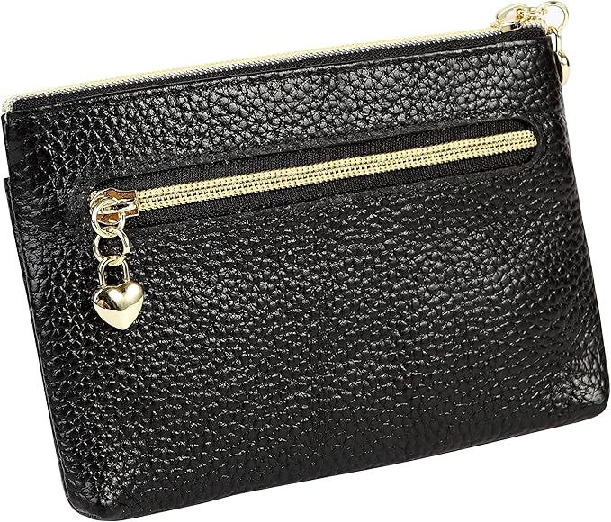 Women's Genuine Leather Coin Purse Zipper Pocket Size Pouch Change Wallet, Black