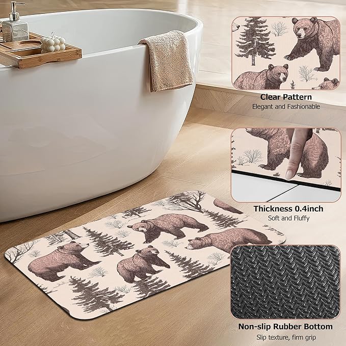 Retro Bear Bathroom Rugs,Bath Mats for Bathroom,Forest Printed Low Pile Absorbent Bath Mat,Rubber Backing Non Slip Washable Thin Quick Dry Door Mat 17x29.5 Inch
