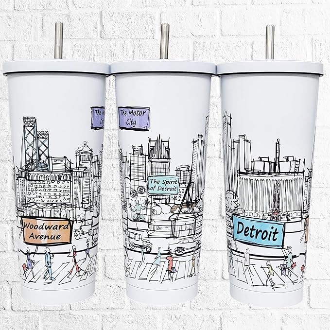 Cities Around the World 25 Oz Tumbler Series - Designed in the USA - Vacuum Insulated Tumbler with Lids & Straw - Stainless Steel Coffee Water Travel Mug, for Hot Cold Drink (Detroit)