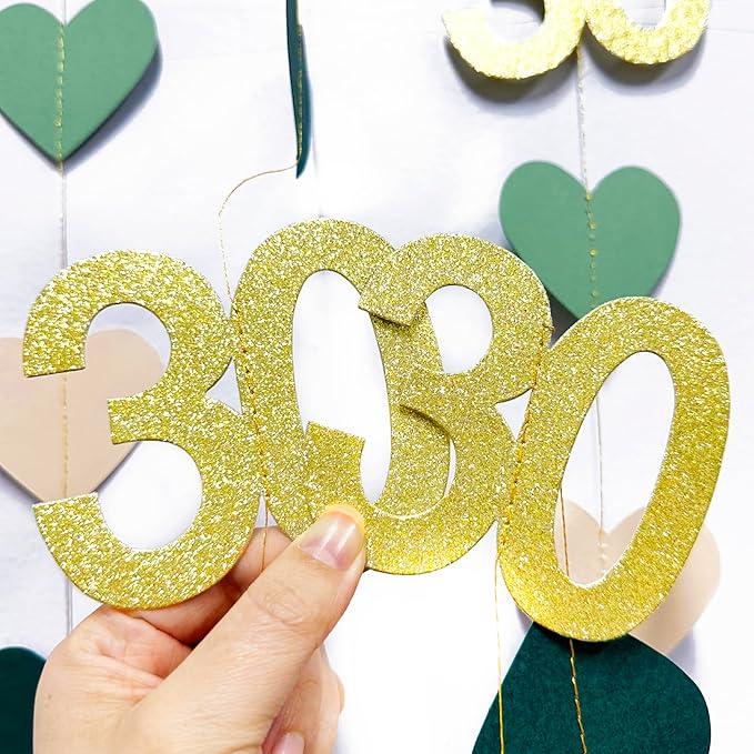 Sage Green Gold 30th Birthday Decorations Sage Green Gold Heart Garland Streamer Banner Backdrop for Women Happy 30th Birthday Dirty Thirty Cheers to 30 Years Old Fabulous Anniversary Party Supplies