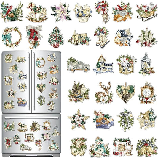 30 Pcs Refrigerator Diamond Art Magnets Easy Diamond Art Kits Fridge Stickers for Adults Kids DIY Home Decors(Winter)
